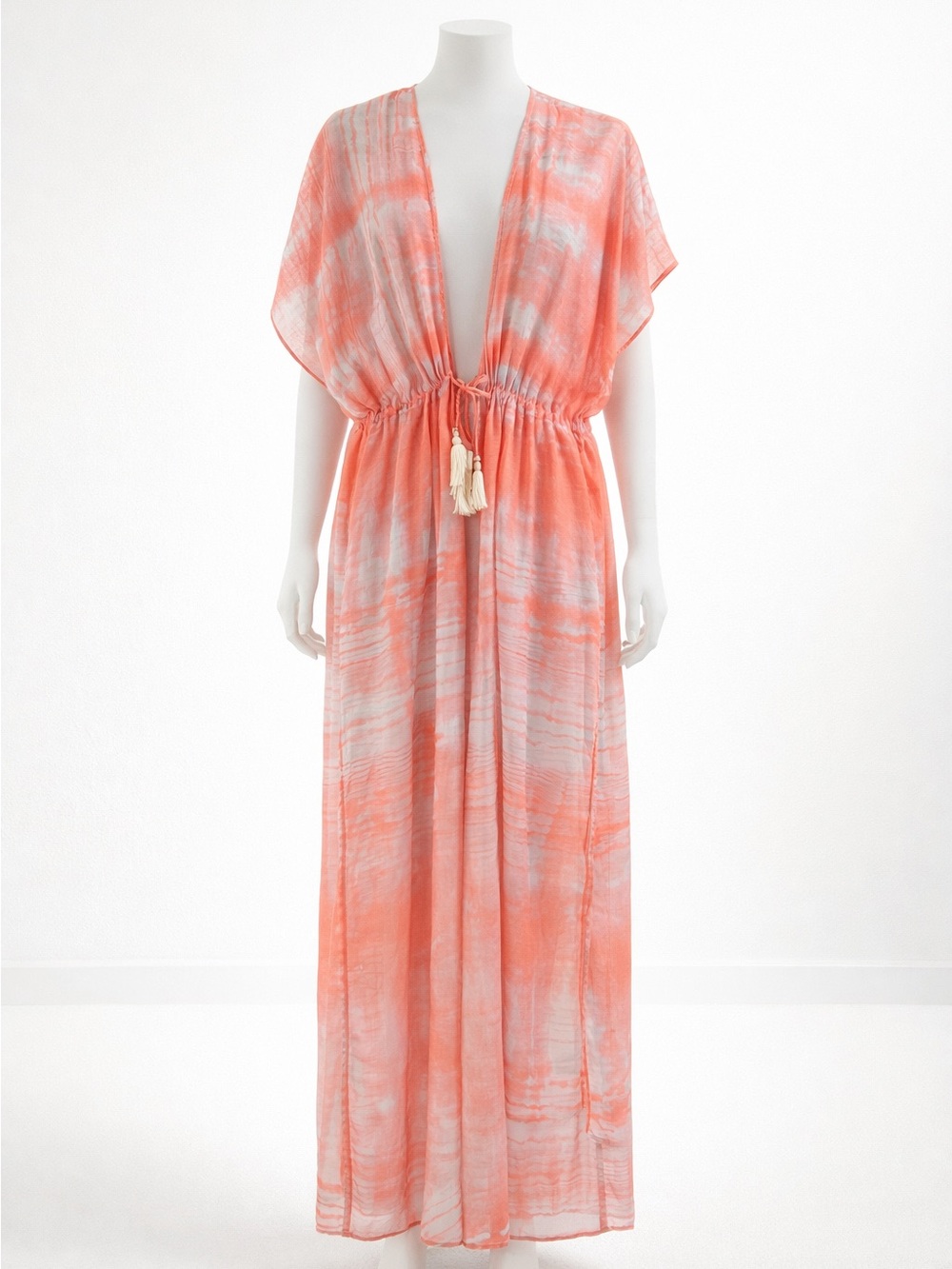 Touché Coral Tie Dye Sheer Kaftan Boho Chic Beach Cover Up Dress Tassel Waist L
